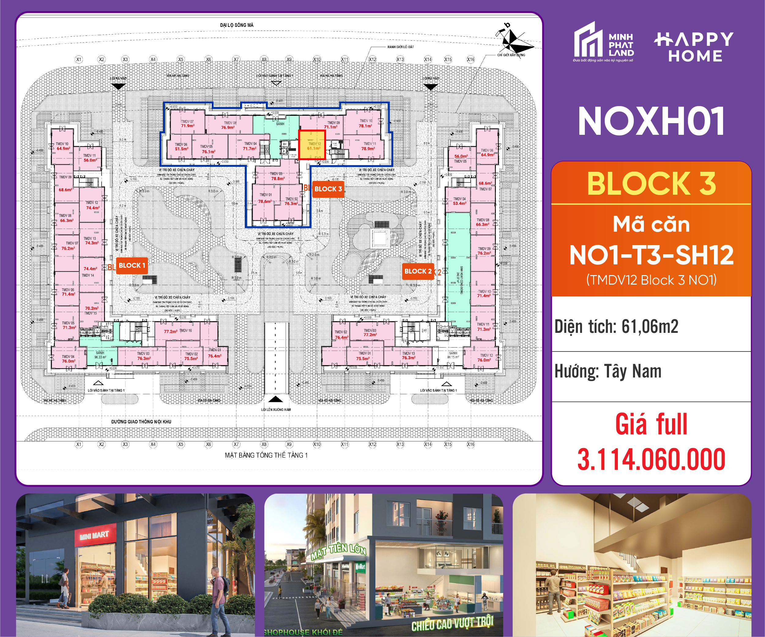 [Giá Tốt Nhất] Bán Căn NO1-T3-SH12 Block 3 – 61,06 m2